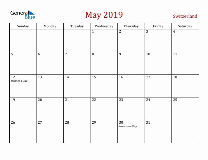 Switzerland May 2019 Calendar - Sunday Start