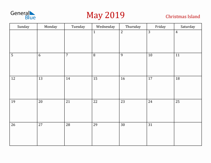 Christmas Island May 2019 Calendar - Sunday Start