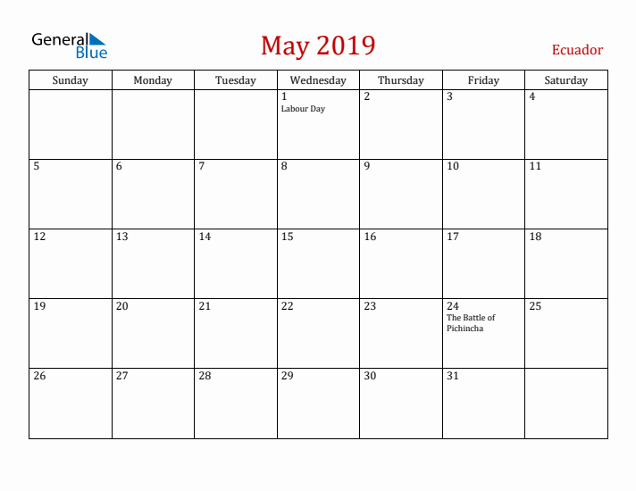 Ecuador May 2019 Calendar - Sunday Start