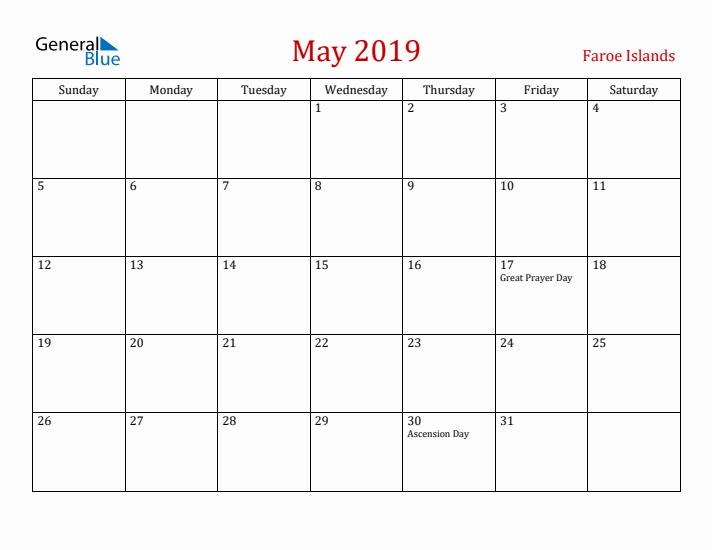 Faroe Islands May 2019 Calendar - Sunday Start