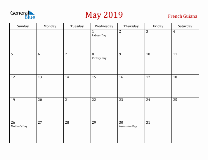 French Guiana May 2019 Calendar - Sunday Start