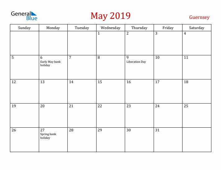 Guernsey May 2019 Calendar - Sunday Start