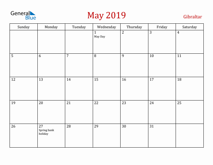 Gibraltar May 2019 Calendar - Sunday Start