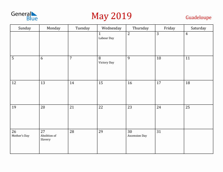 Guadeloupe May 2019 Calendar - Sunday Start