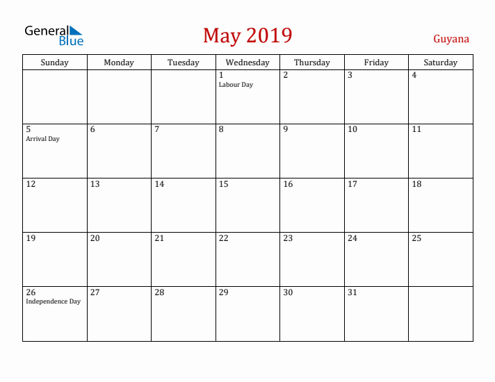 Guyana May 2019 Calendar - Sunday Start