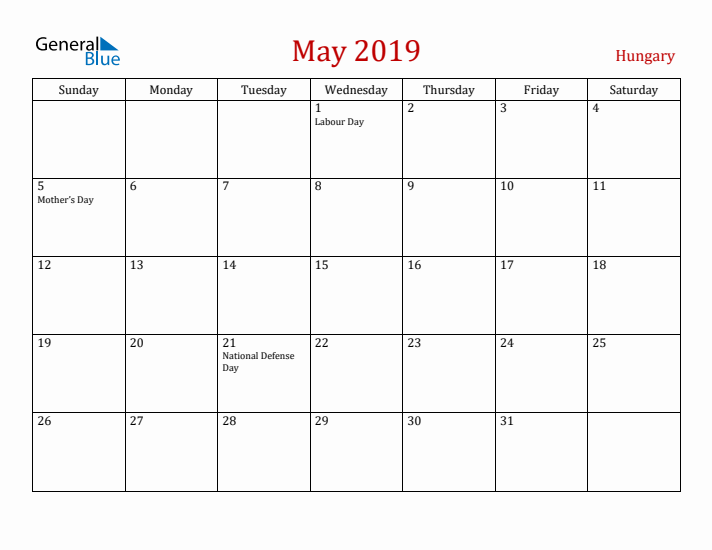 Hungary May 2019 Calendar - Sunday Start