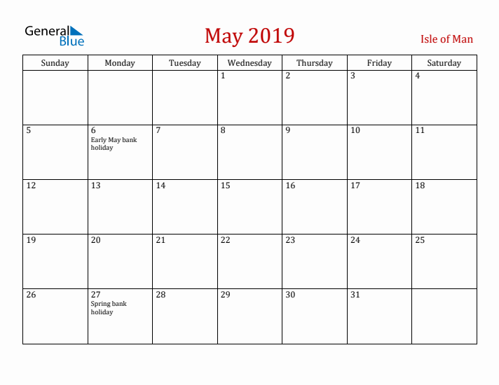 Isle of Man May 2019 Calendar - Sunday Start