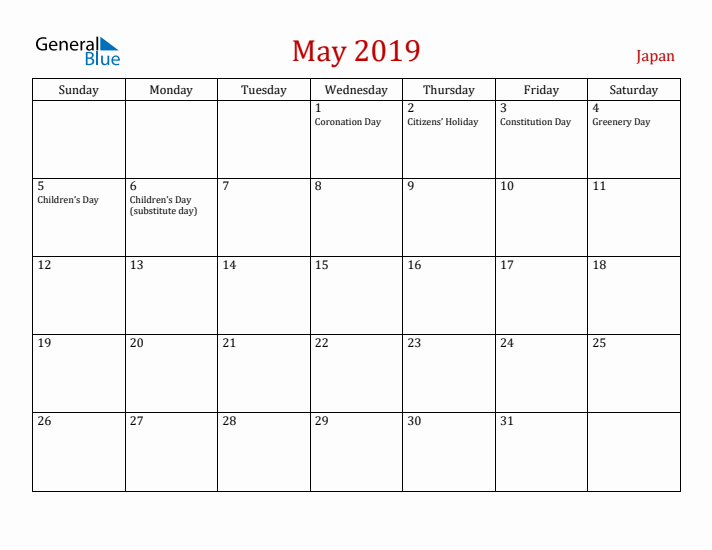 Japan May 2019 Calendar - Sunday Start