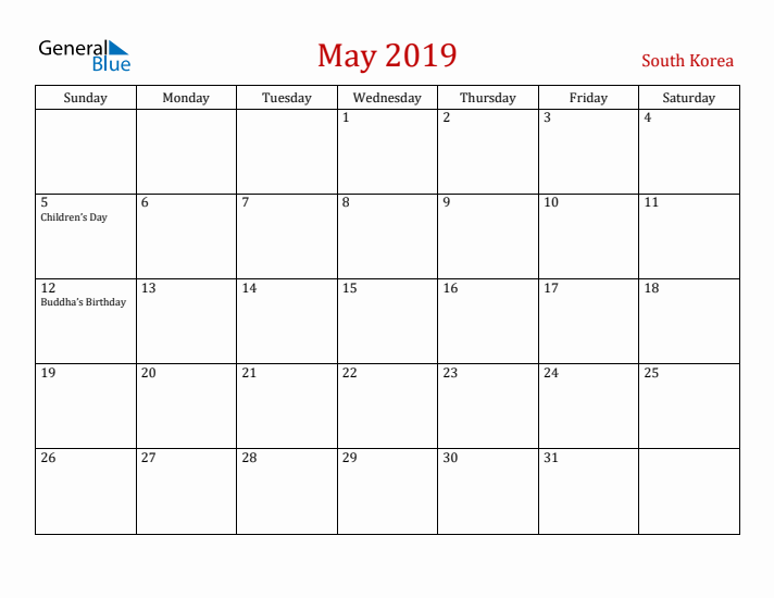 South Korea May 2019 Calendar - Sunday Start