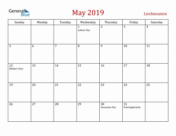 Liechtenstein May 2019 Calendar - Sunday Start