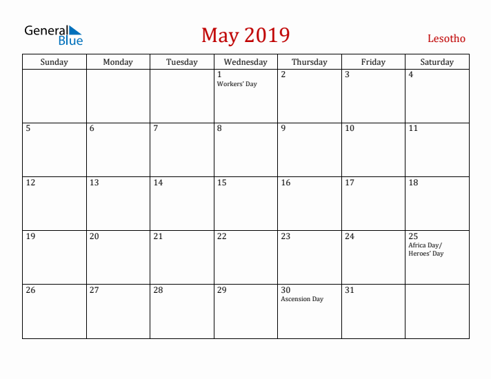 Lesotho May 2019 Calendar - Sunday Start