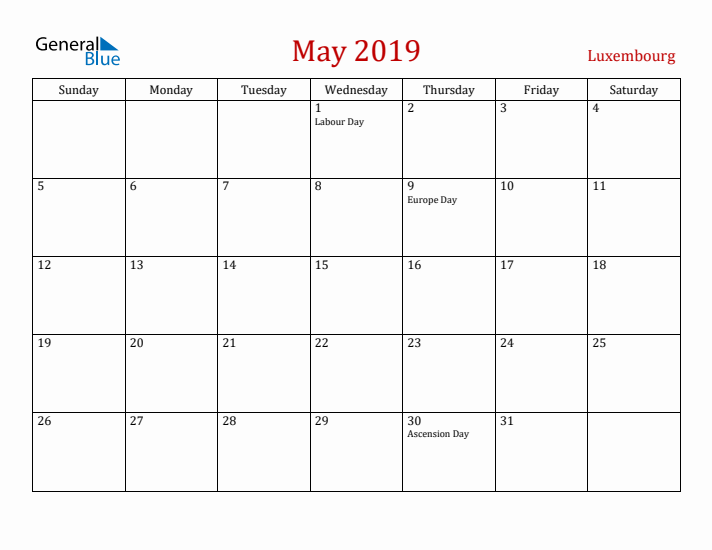 Luxembourg May 2019 Calendar - Sunday Start