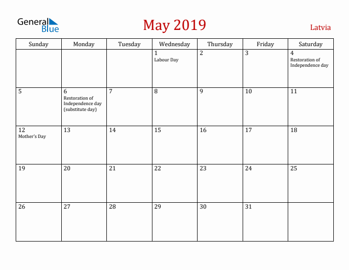 Latvia May 2019 Calendar - Sunday Start