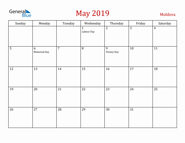 Moldova May 2019 Calendar - Sunday Start
