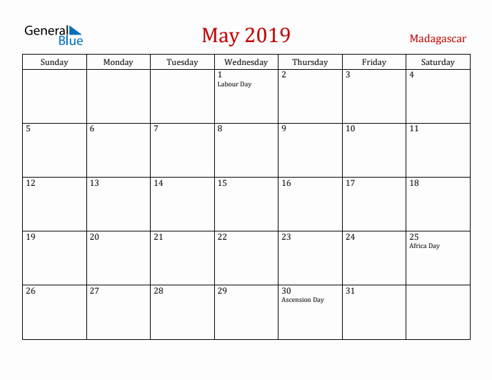 Madagascar May 2019 Calendar - Sunday Start