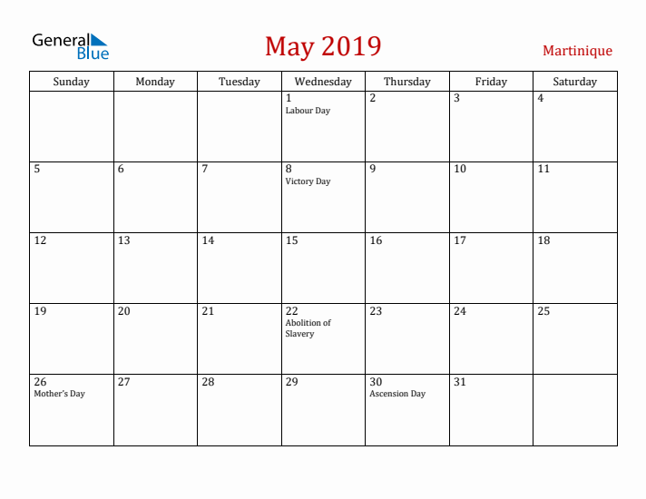 Martinique May 2019 Calendar - Sunday Start