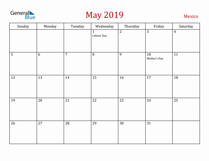 Mexico May 2019 Calendar - Sunday Start