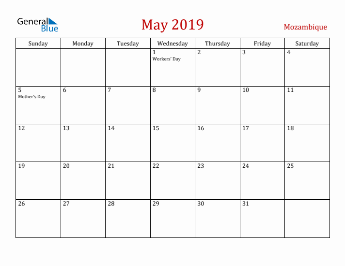 Mozambique May 2019 Calendar - Sunday Start