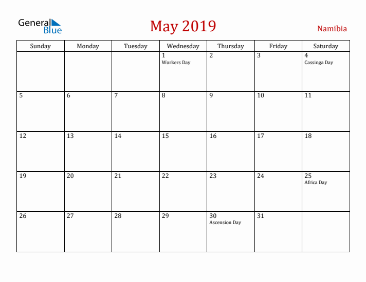 Namibia May 2019 Calendar - Sunday Start