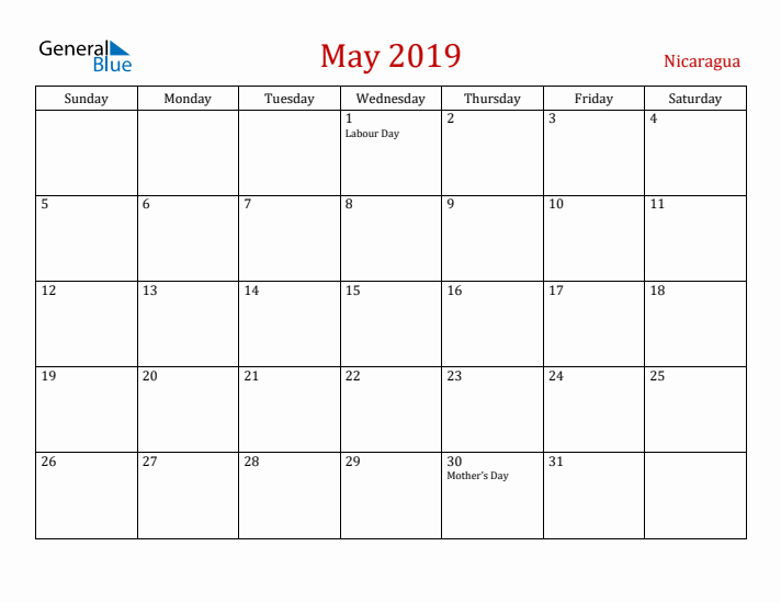 Nicaragua May 2019 Calendar - Sunday Start