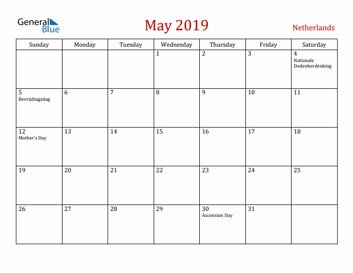 The Netherlands May 2019 Calendar - Sunday Start