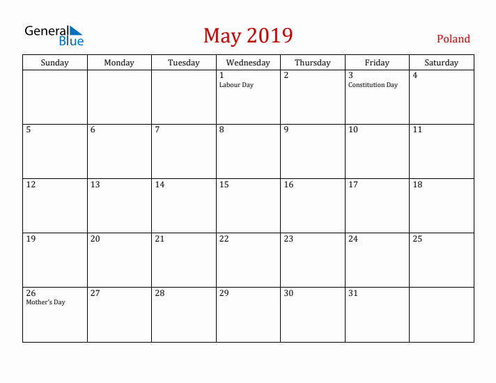 Poland May 2019 Calendar - Sunday Start
