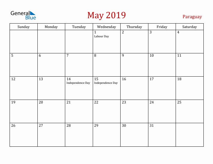 Paraguay May 2019 Calendar - Sunday Start