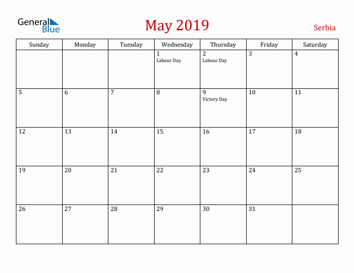 Serbia May 2019 Calendar - Sunday Start