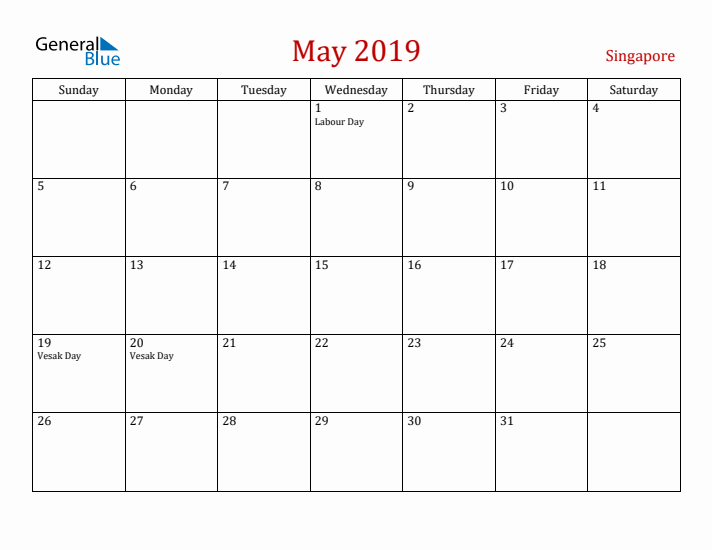 Singapore May 2019 Calendar - Sunday Start