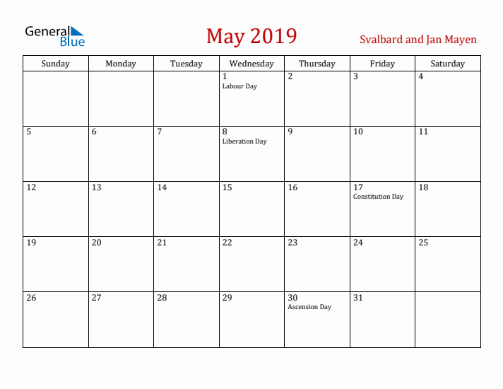 Svalbard and Jan Mayen May 2019 Calendar - Sunday Start