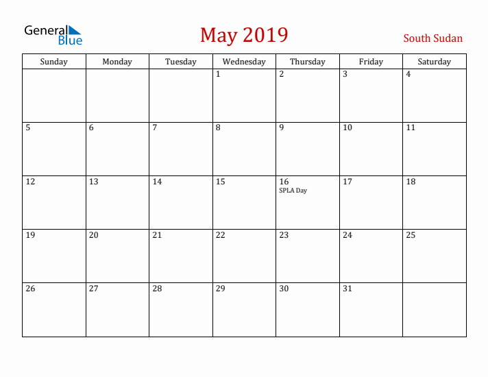 South Sudan May 2019 Calendar - Sunday Start