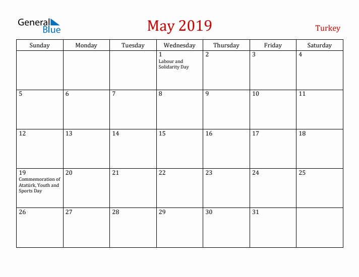 Turkey May 2019 Calendar - Sunday Start