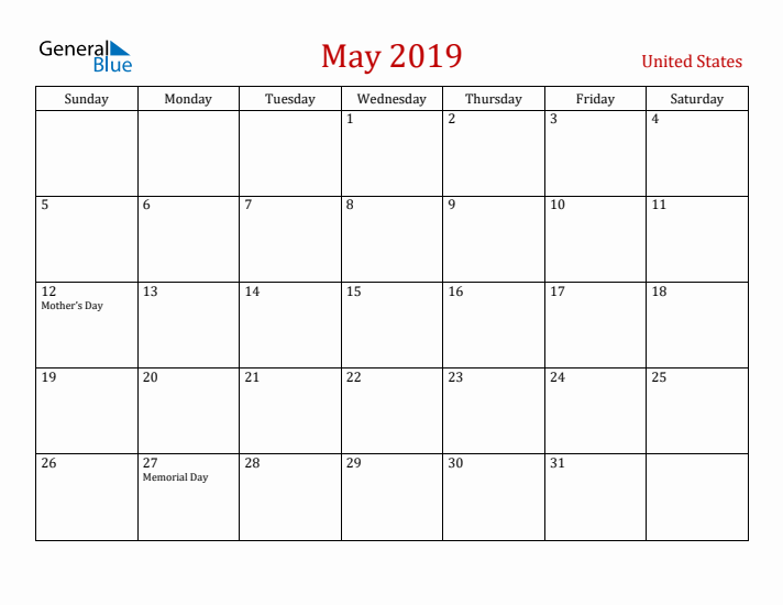 United States May 2019 Calendar - Sunday Start