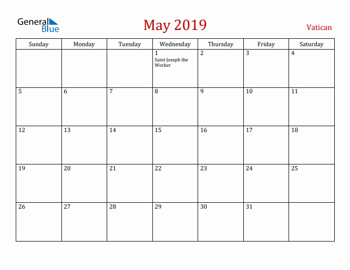 Vatican May 2019 Calendar - Sunday Start
