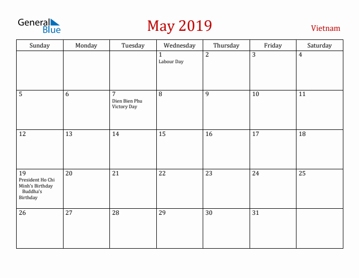 Vietnam May 2019 Calendar - Sunday Start