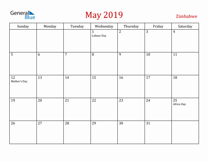 Zimbabwe May 2019 Calendar - Sunday Start