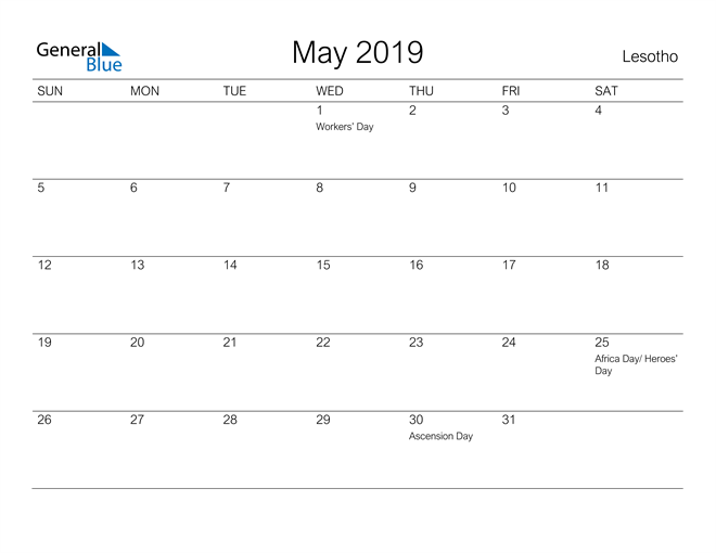 lesotho may 2019 calendar with holidays