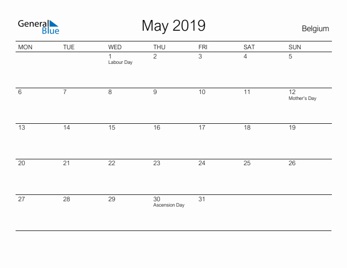 Printable May 2019 Calendar for Belgium