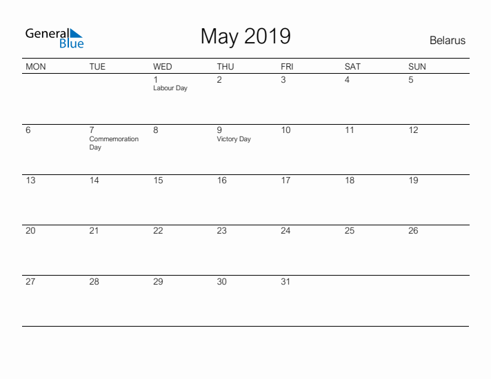 Printable May 2019 Calendar for Belarus