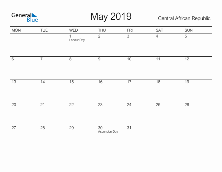 Printable May 2019 Calendar for Central African Republic