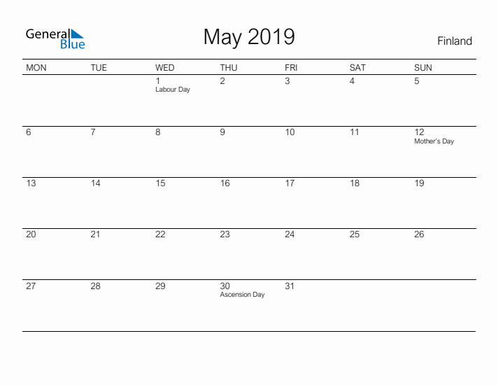 Printable May 2019 Calendar for Finland