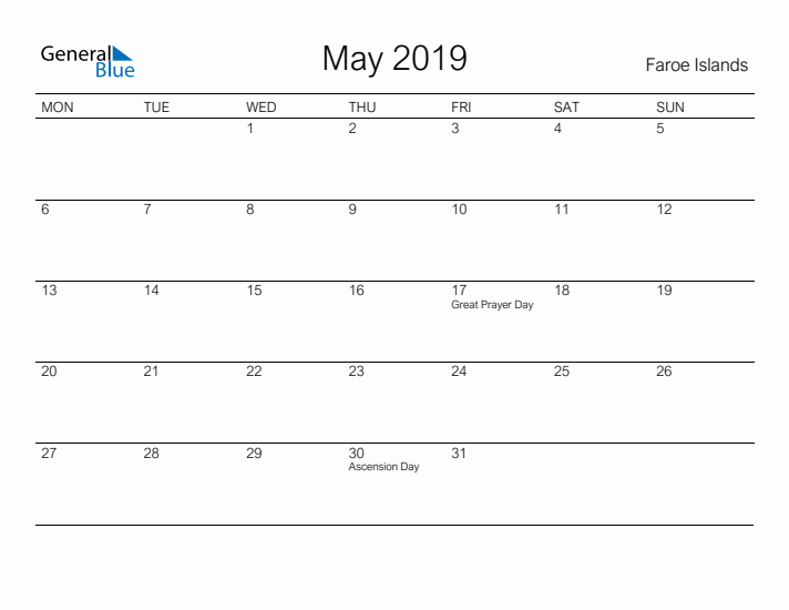 Printable May 2019 Calendar for Faroe Islands
