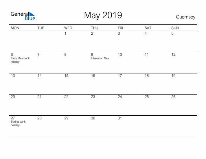 Printable May 2019 Calendar for Guernsey