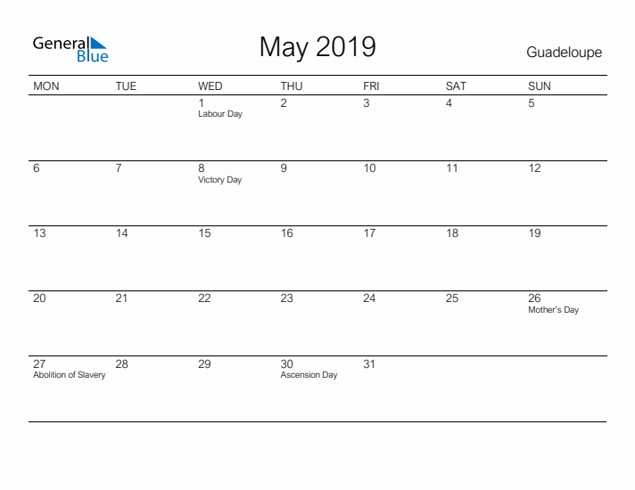 Printable May 2019 Calendar for Guadeloupe