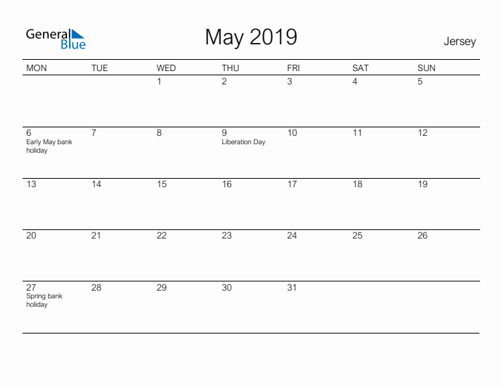 Printable May 2019 Calendar for Jersey