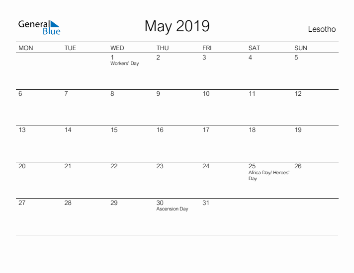 Printable May 2019 Calendar for Lesotho