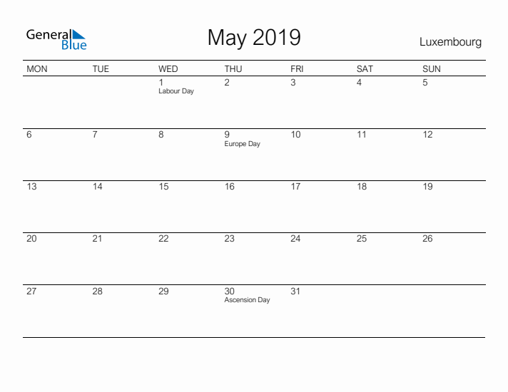 Printable May 2019 Calendar for Luxembourg