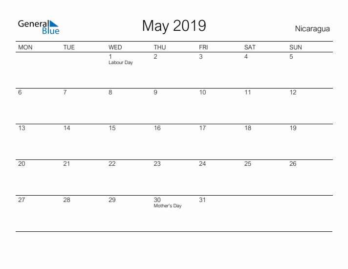 Printable May 2019 Calendar for Nicaragua