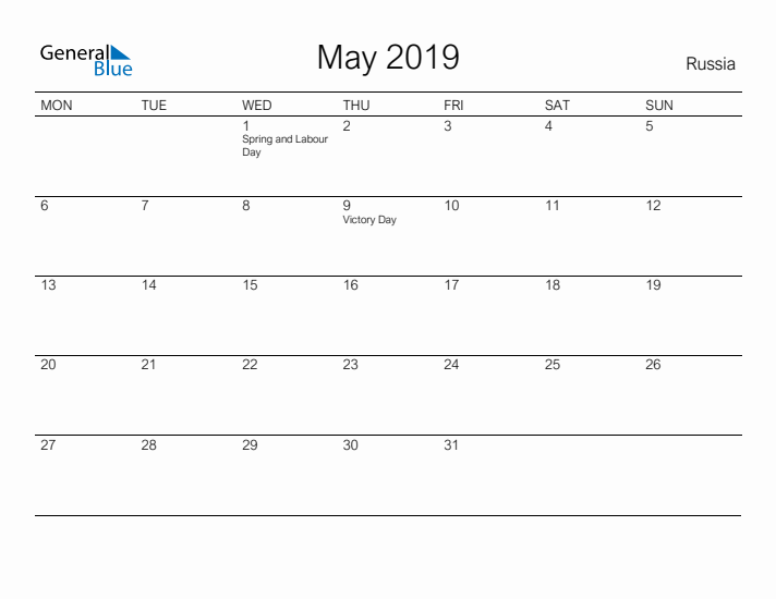 Printable May 2019 Calendar for Russia