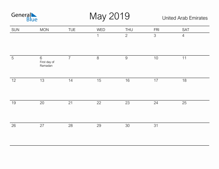 Printable May 2019 Calendar for United Arab Emirates